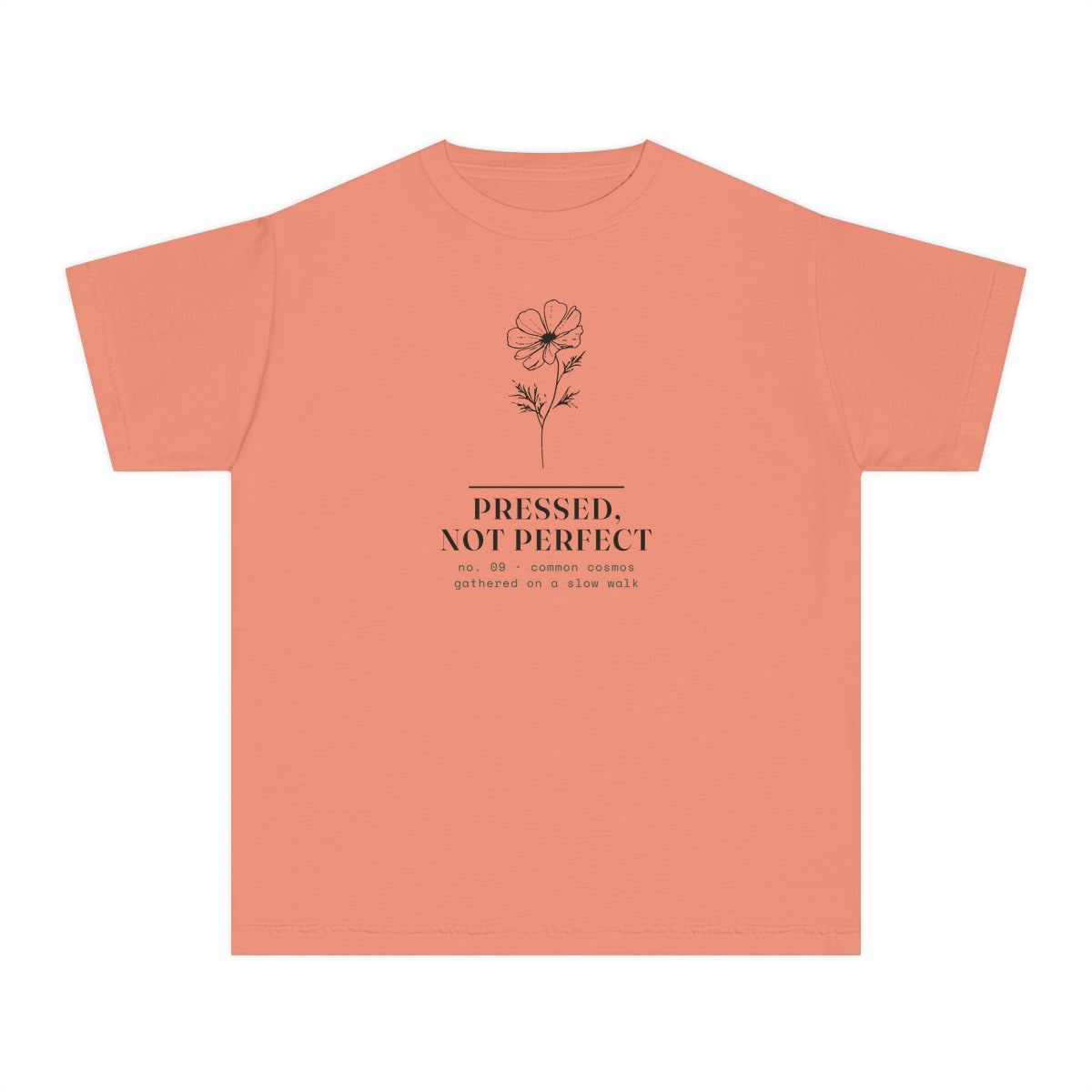 Pressed, Not Perfect, printed on a youth tee in Terracotta