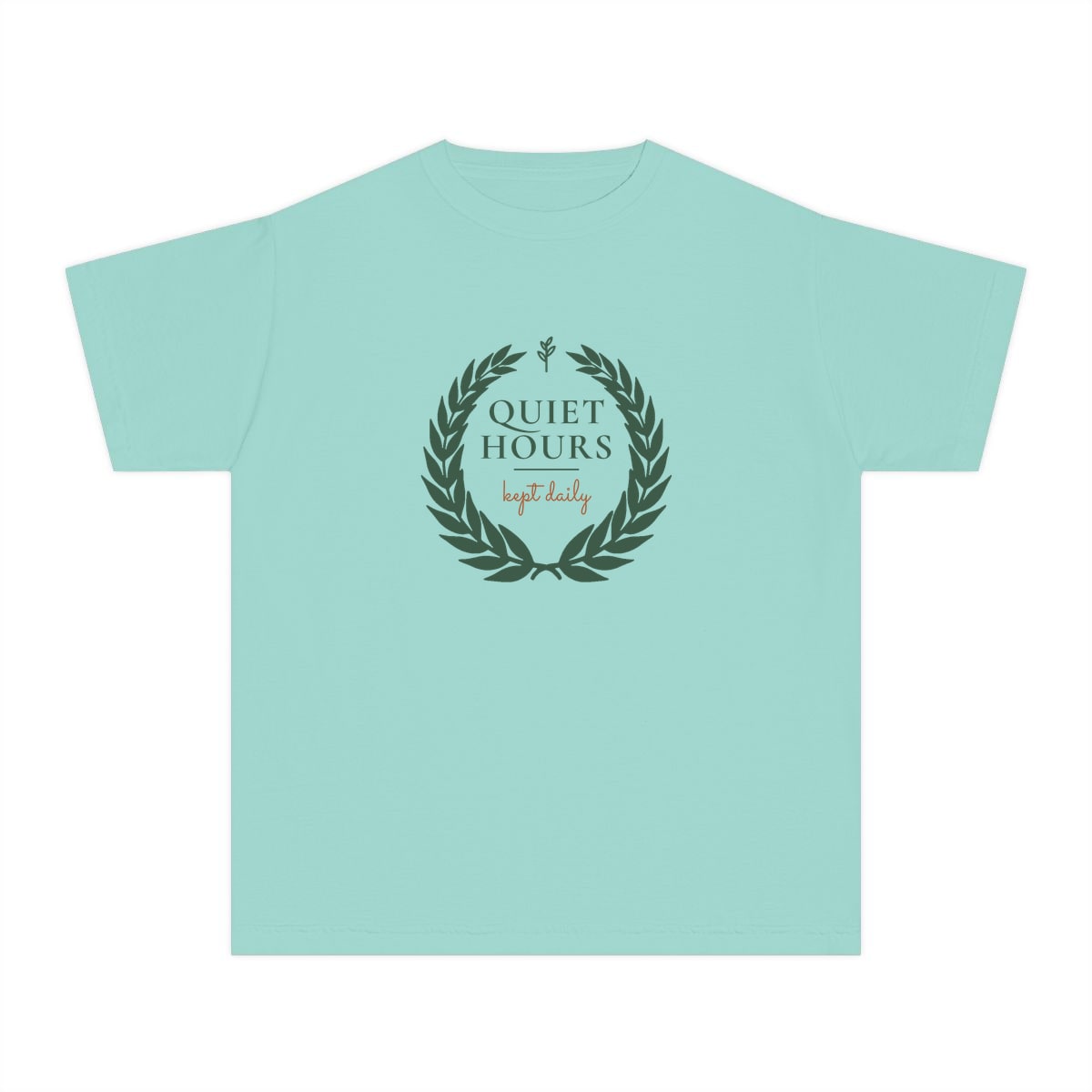 Quiet Hours, Kept Daily, printed on a youth tee in Chalky Mint