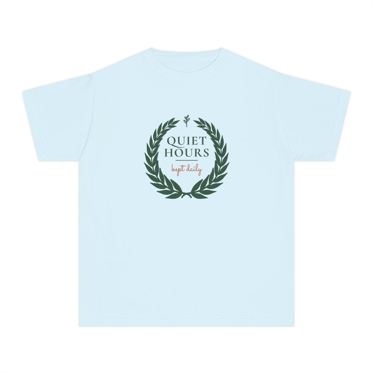 Quiet Hours, Kept Daily, printed on a youth tee in Chambray