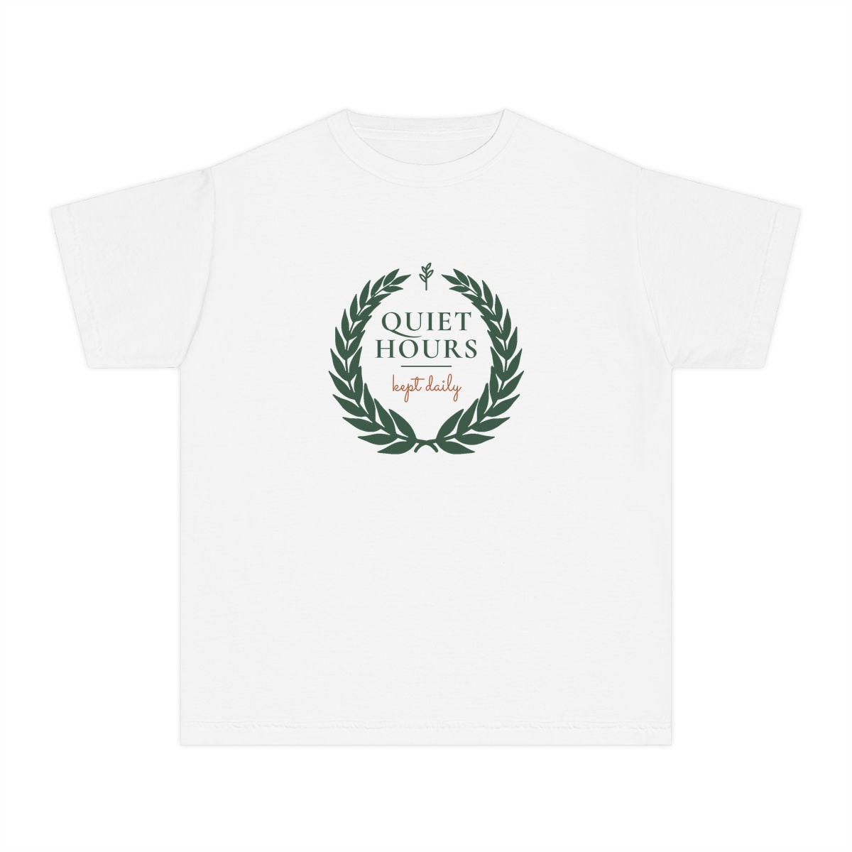 Quiet Hours, Kept Daily, printed on a youth tee in White