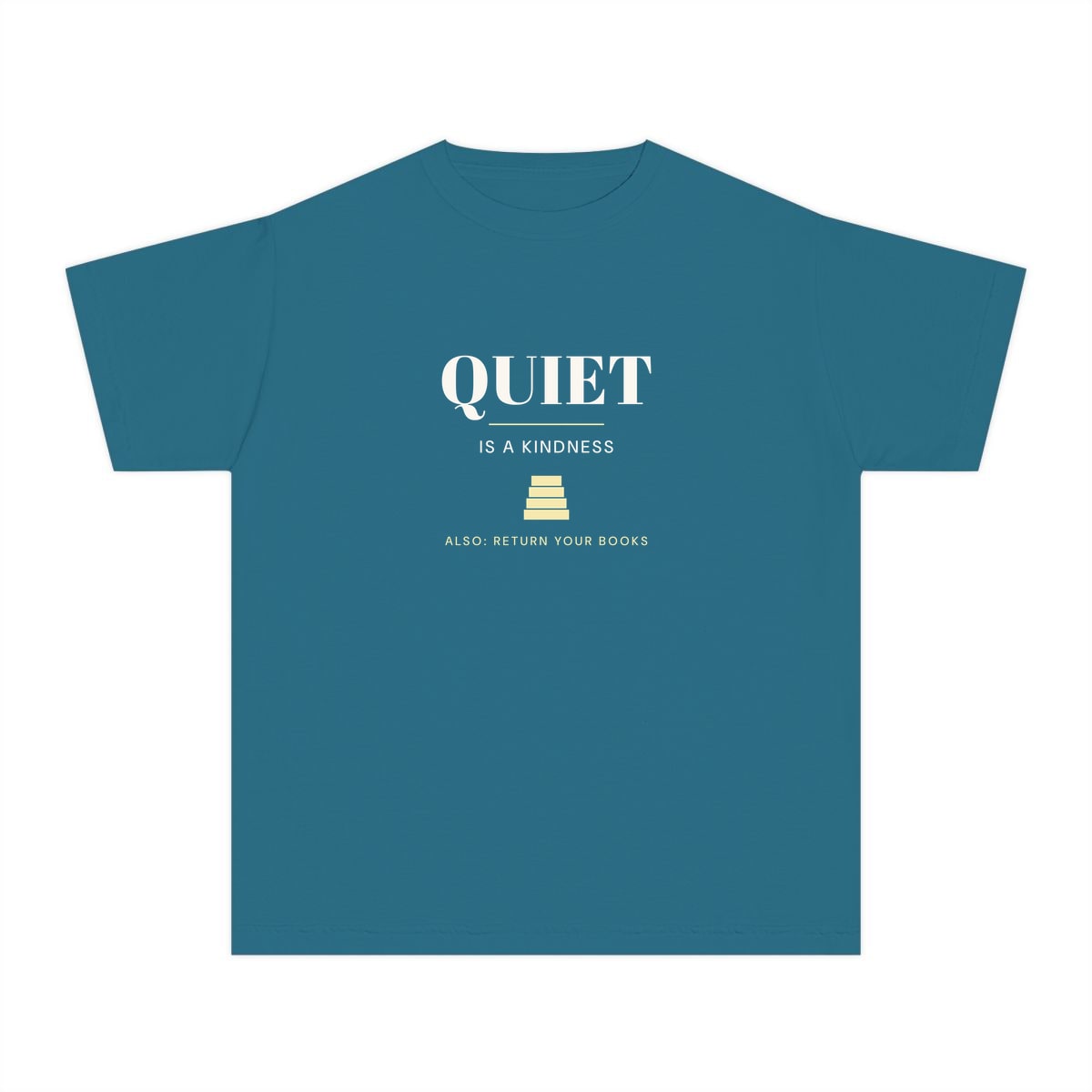 Quiet Is A Kindness, printed on a youth tee in Topaz Blue