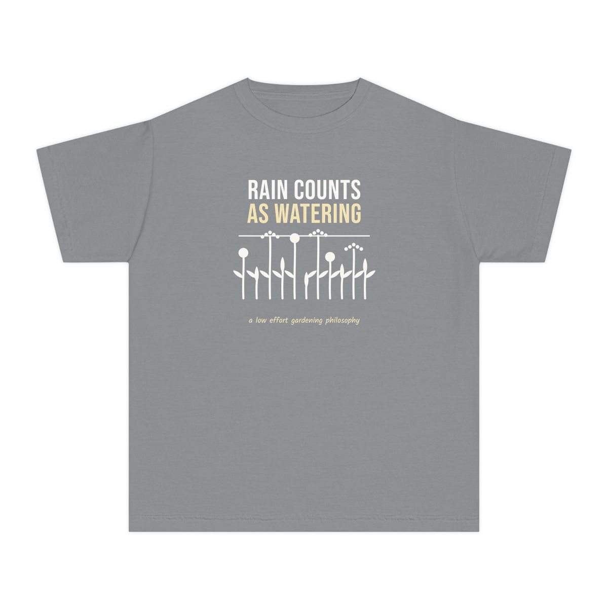Rain Counts As Watering, printed on a youth tee in Granite