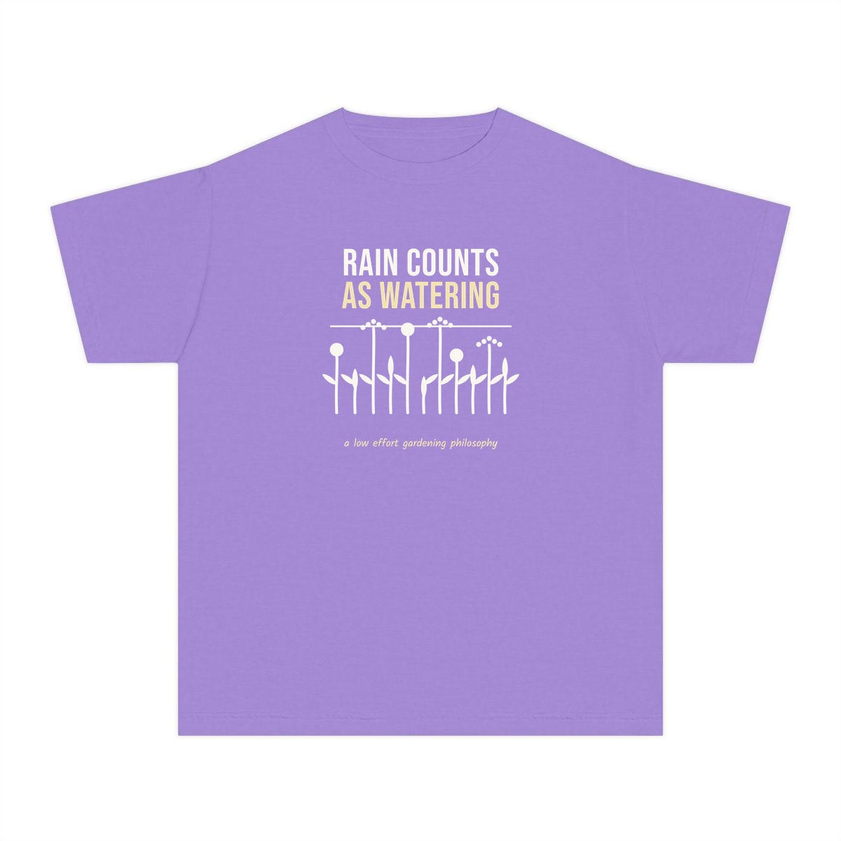 Rain Counts As Watering, printed on a youth tee in Violet