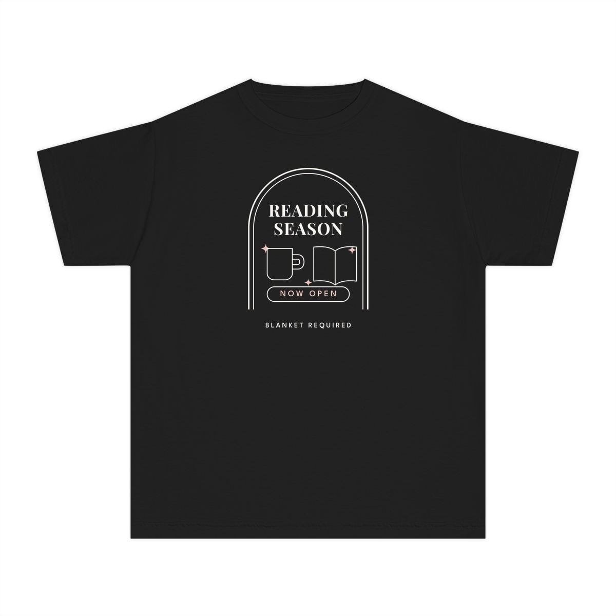 Reading Season Now Open, printed on a youth tee in Black