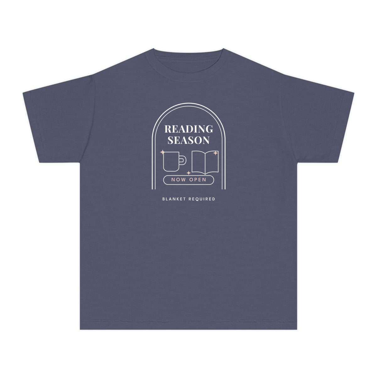 Reading Season Now Open, printed on a youth tee in Denim