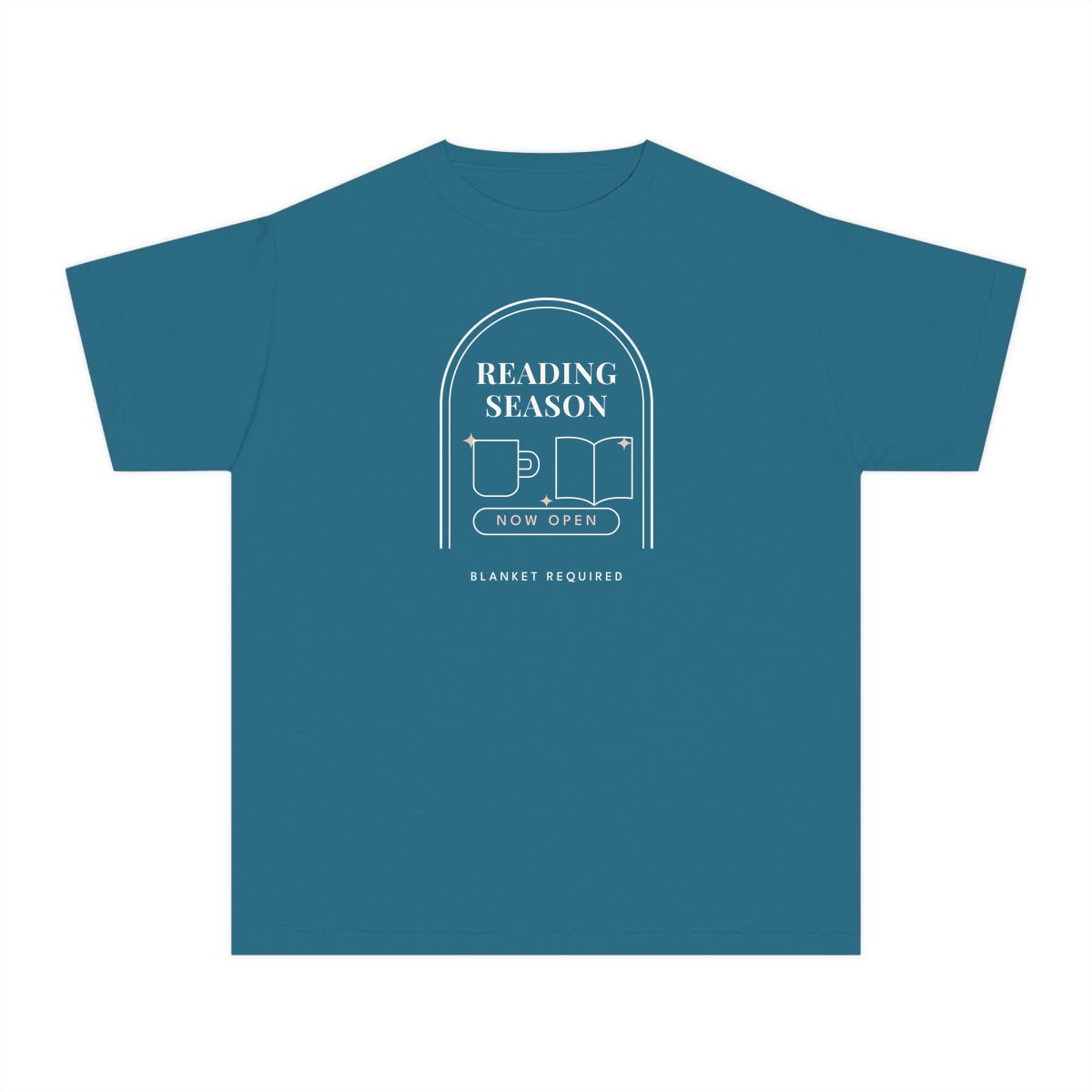 Reading Season Now Open, printed on a youth tee in Topaz Blue