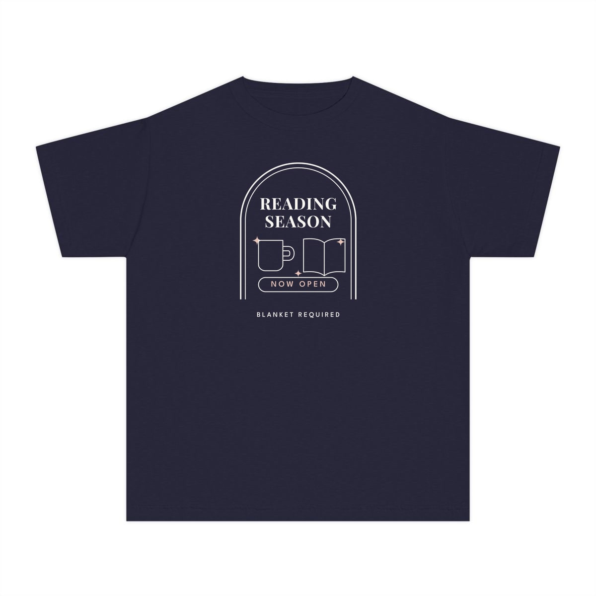 Reading Season Now Open, printed on a youth tee in True Navy