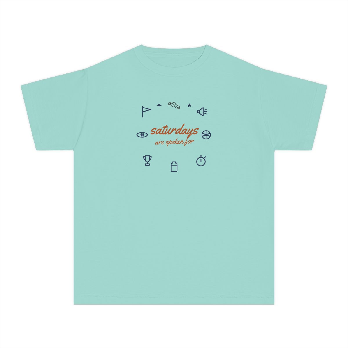 Saturdays Are Spoken For, printed on a youth tee in Chalky Mint