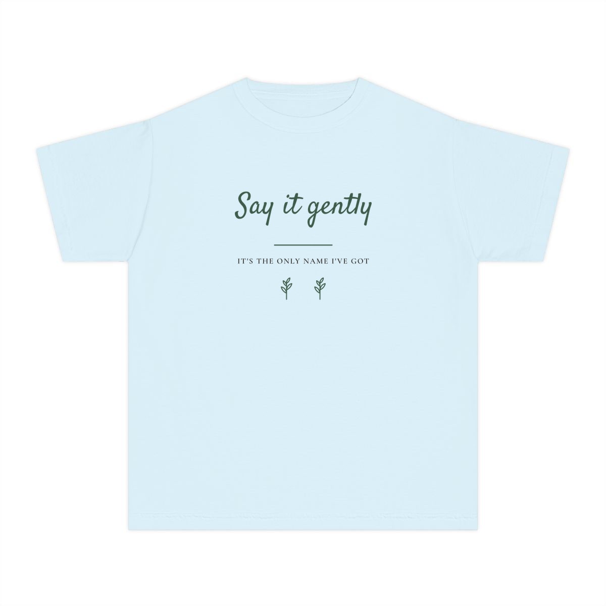 Say It Gently, printed on a youth tee in Chambray