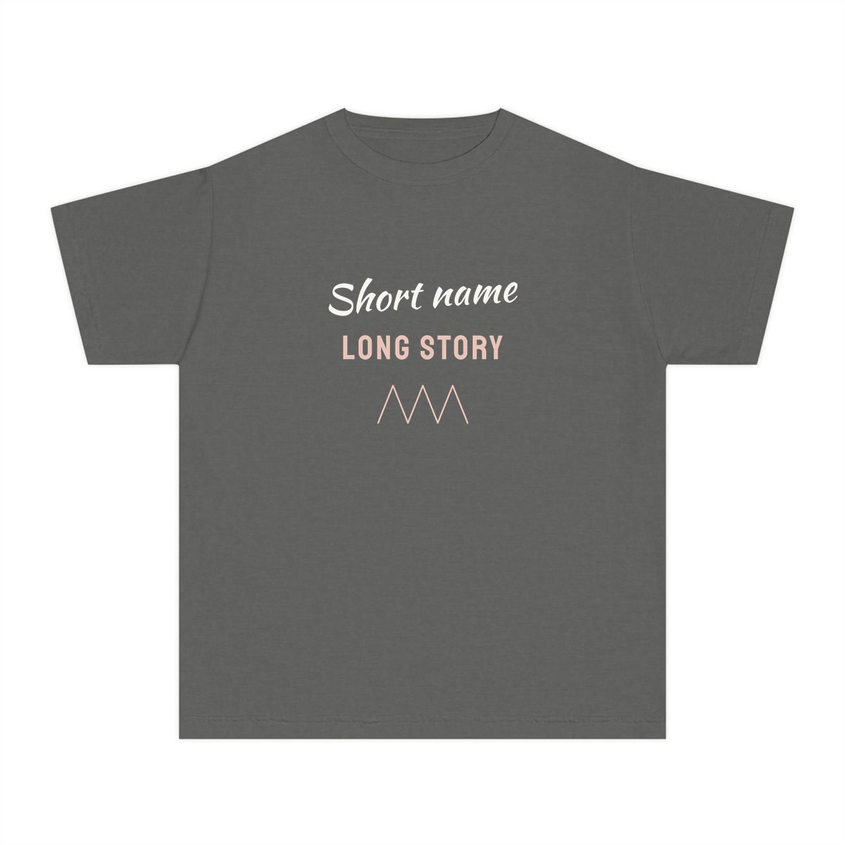 Short Name, Long Story, printed on a youth tee in Pepper
