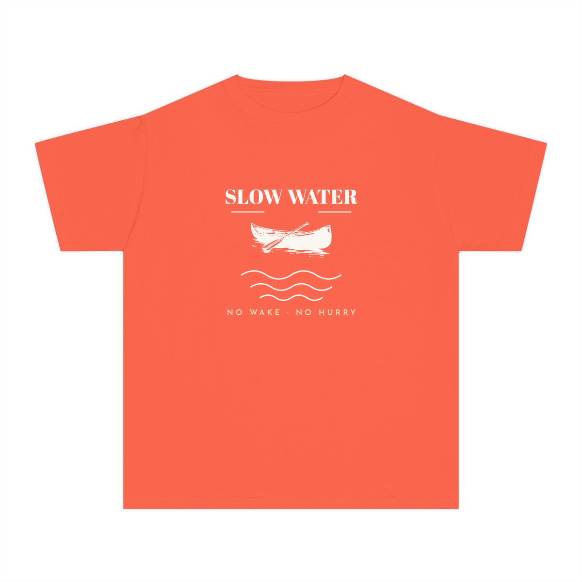 Slow Water, printed on a youth tee in Bright Salmon