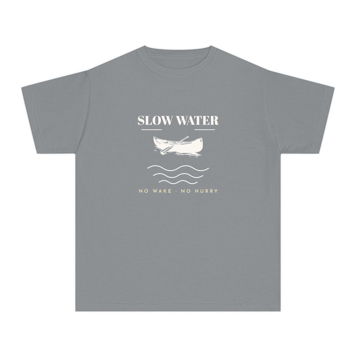 Slow Water, printed on a youth tee in Granite