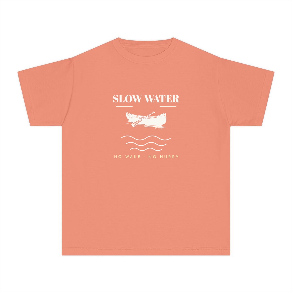 Slow Water, printed on a youth tee in Terracotta