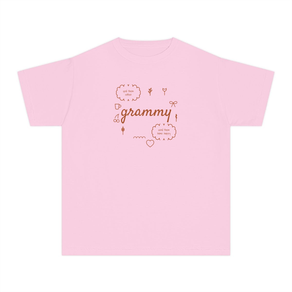 Spoil Them, Send Them Home, printed on a youth tee in Blossom