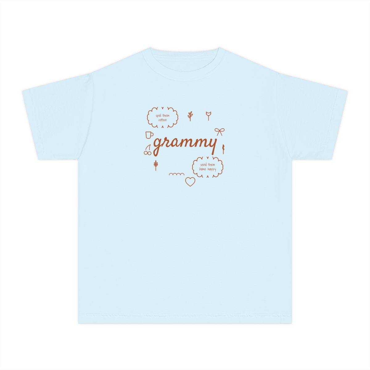 Spoil Them, Send Them Home, printed on a youth tee in Chambray