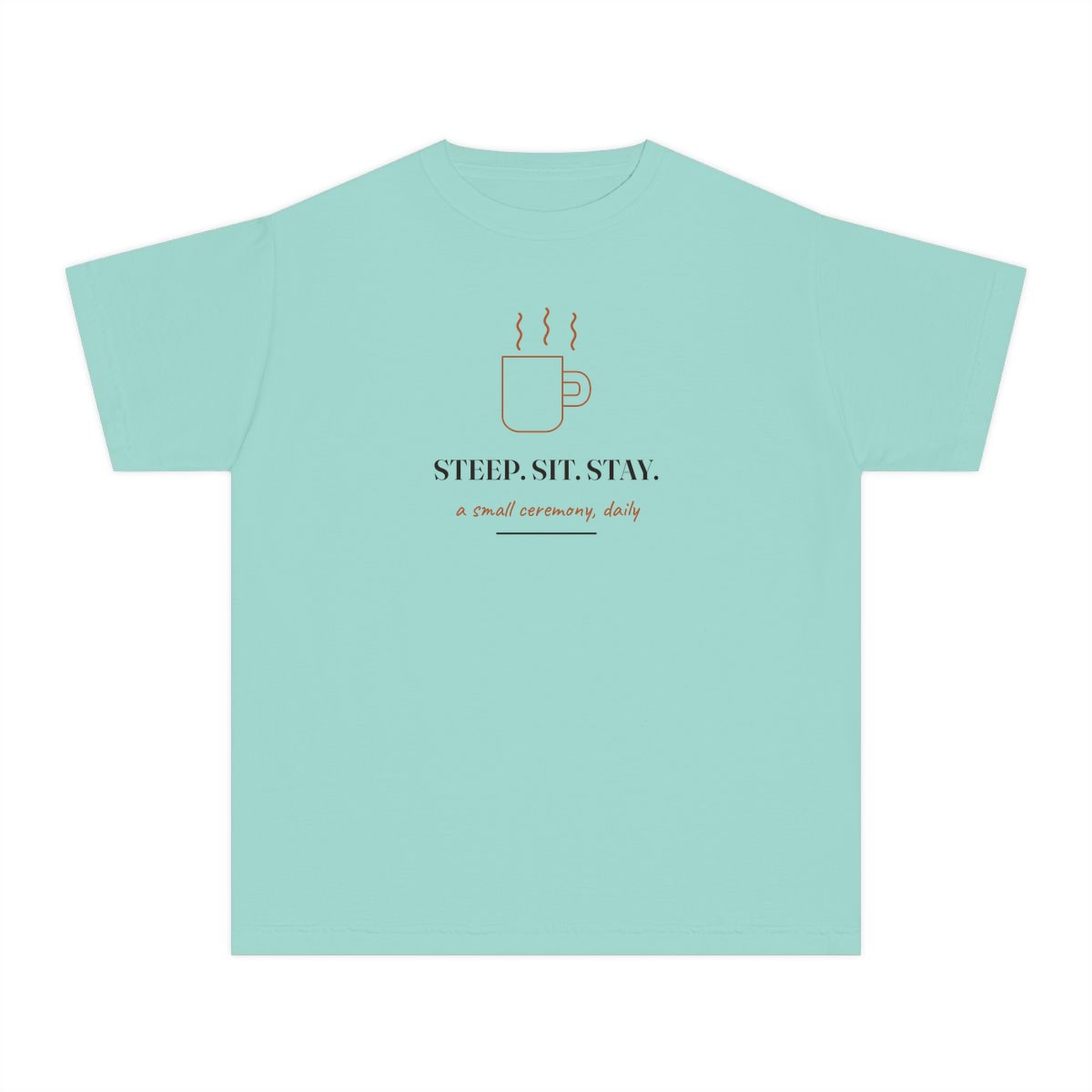 Steep, Sit, Stay, printed on a youth tee in Chalky Mint