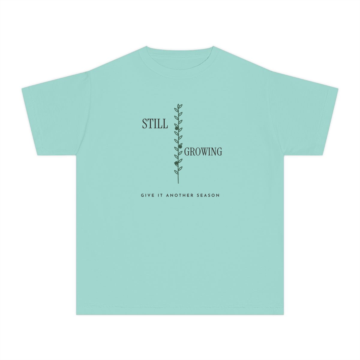 Still Growing Olive Branch, printed on a youth tee in Chalky Mint