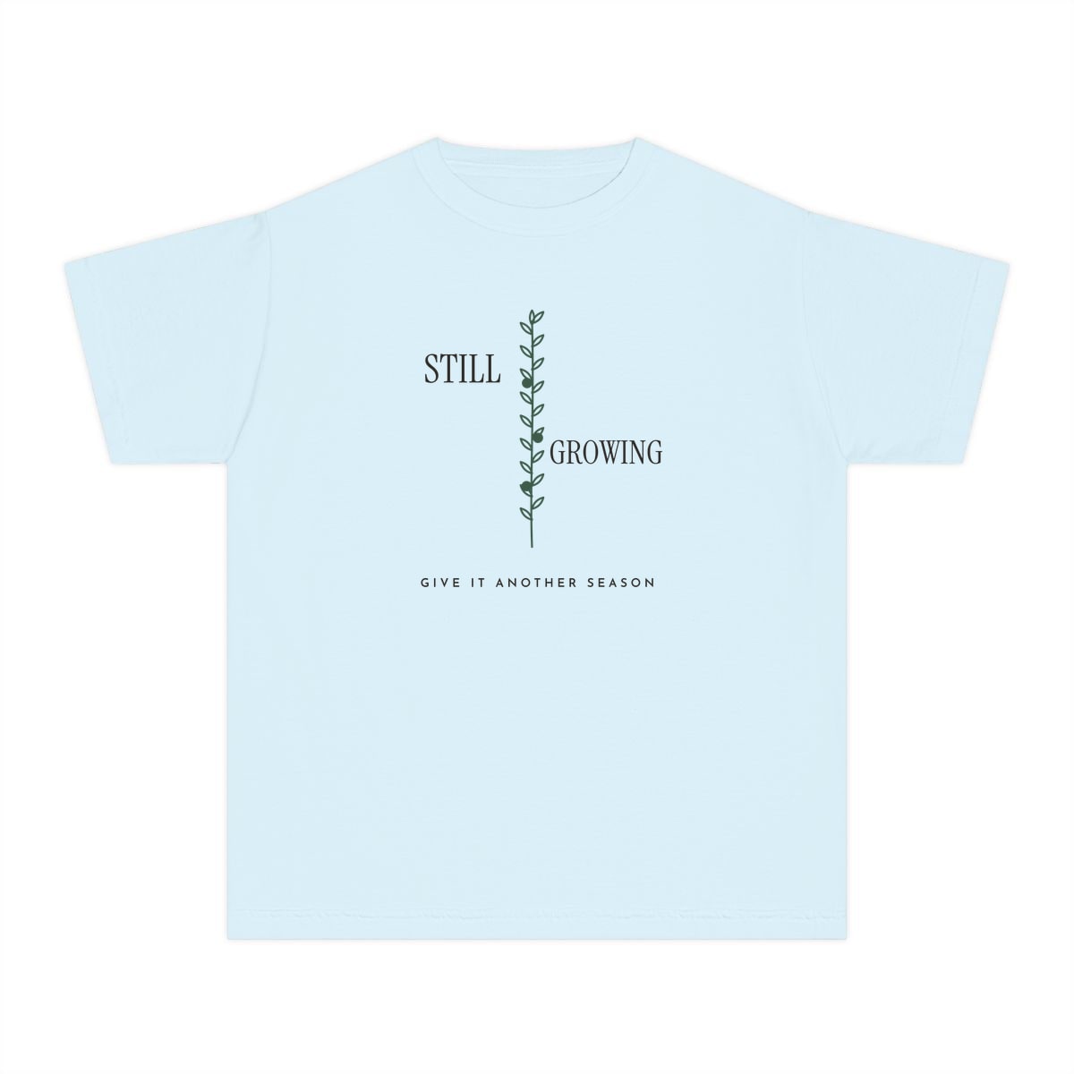Still Growing Olive Branch, printed on a youth tee in Chambray