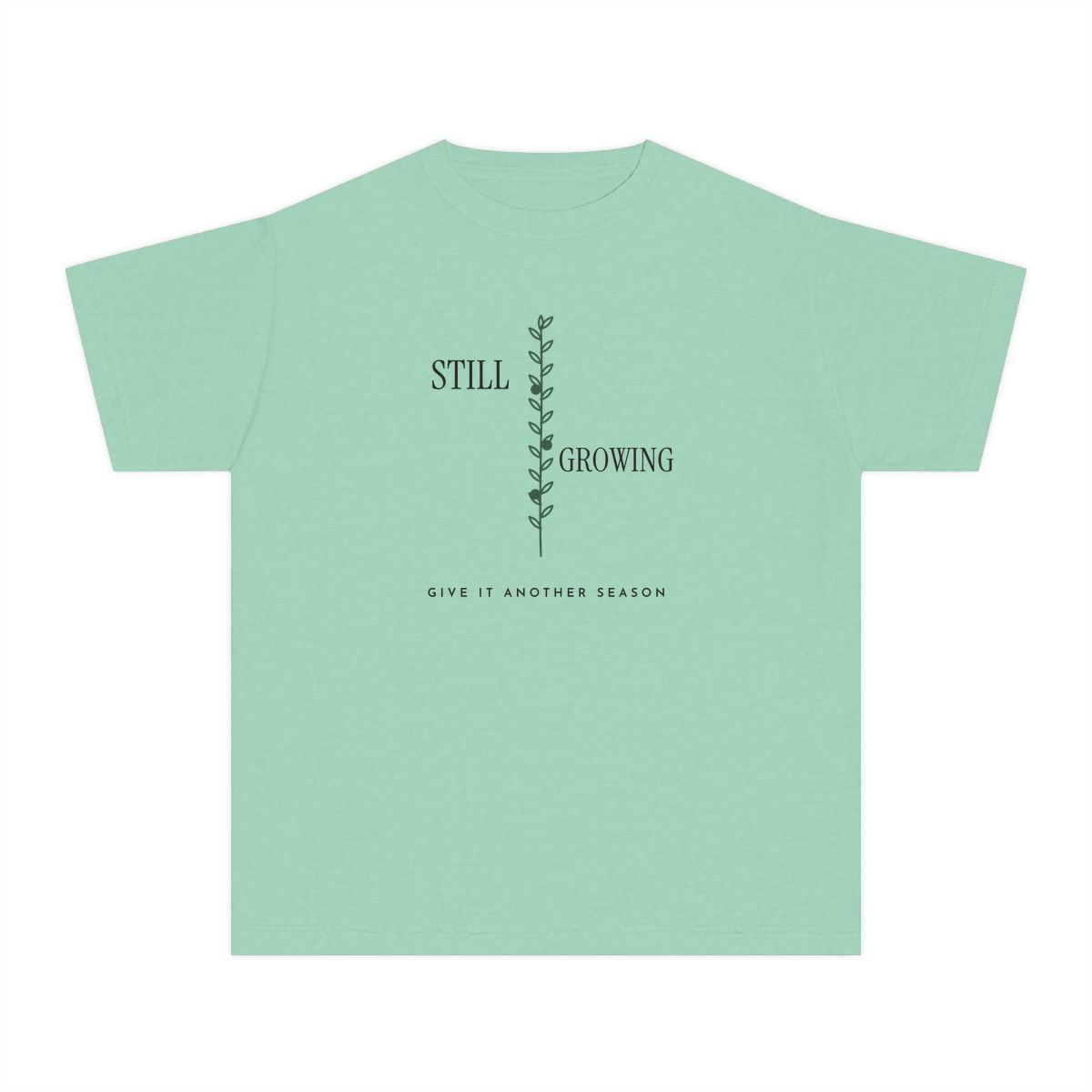 Still Growing Olive Branch, printed on a youth tee in Island Reef