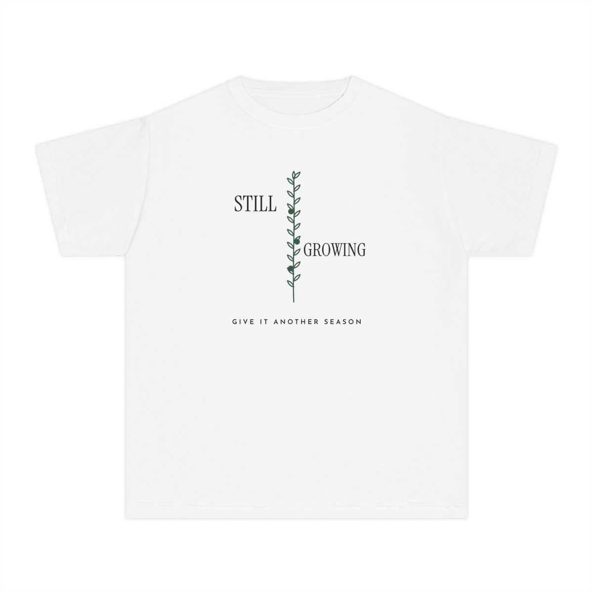 Still Growing Olive Branch, printed on a youth tee in White