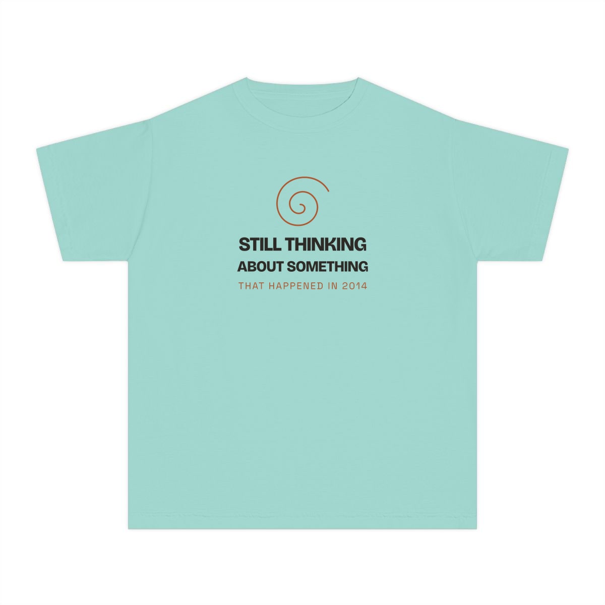 Still Thinking About 2014, printed on a youth tee in Chalky Mint