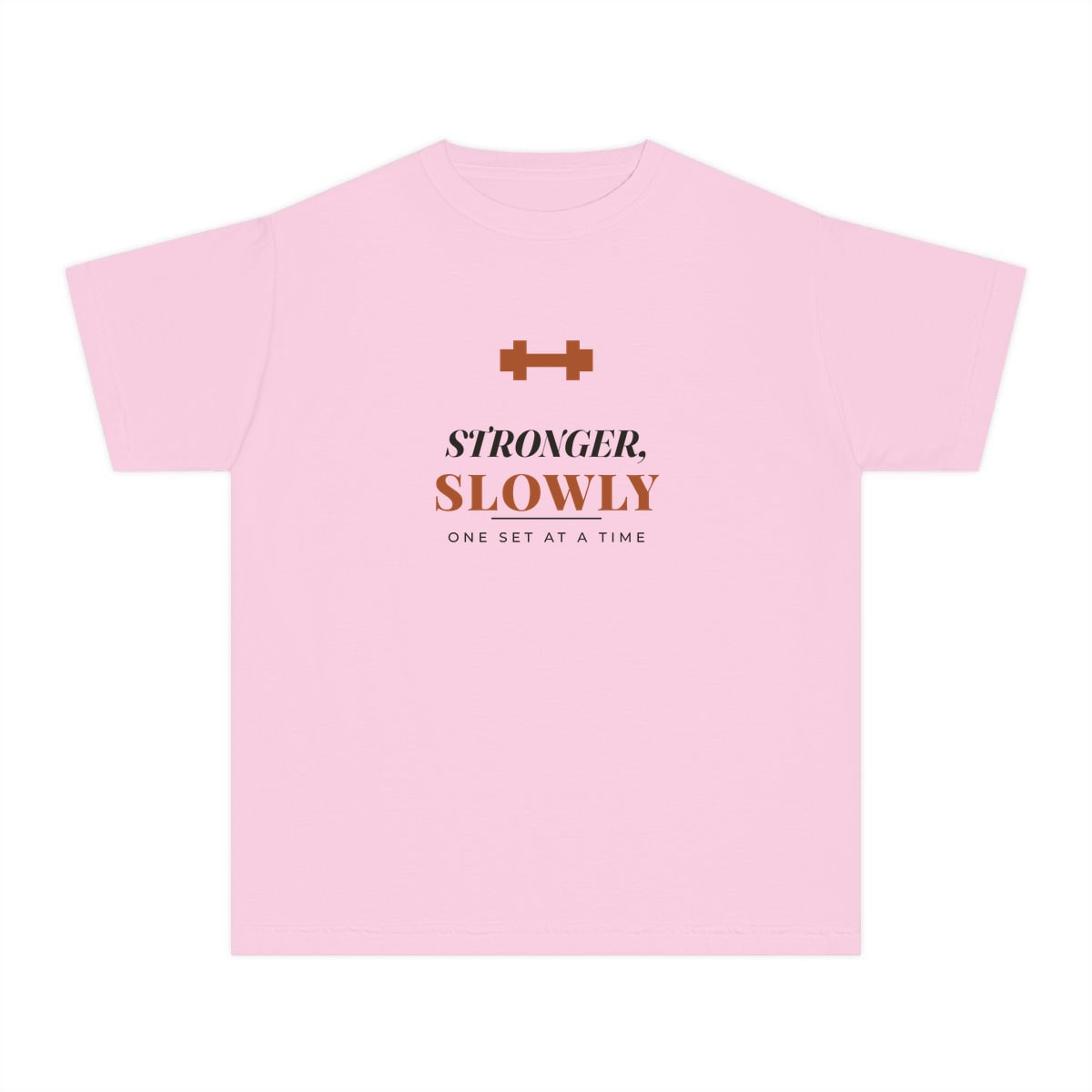 Stronger, Slowly, printed on a youth tee in Blossom