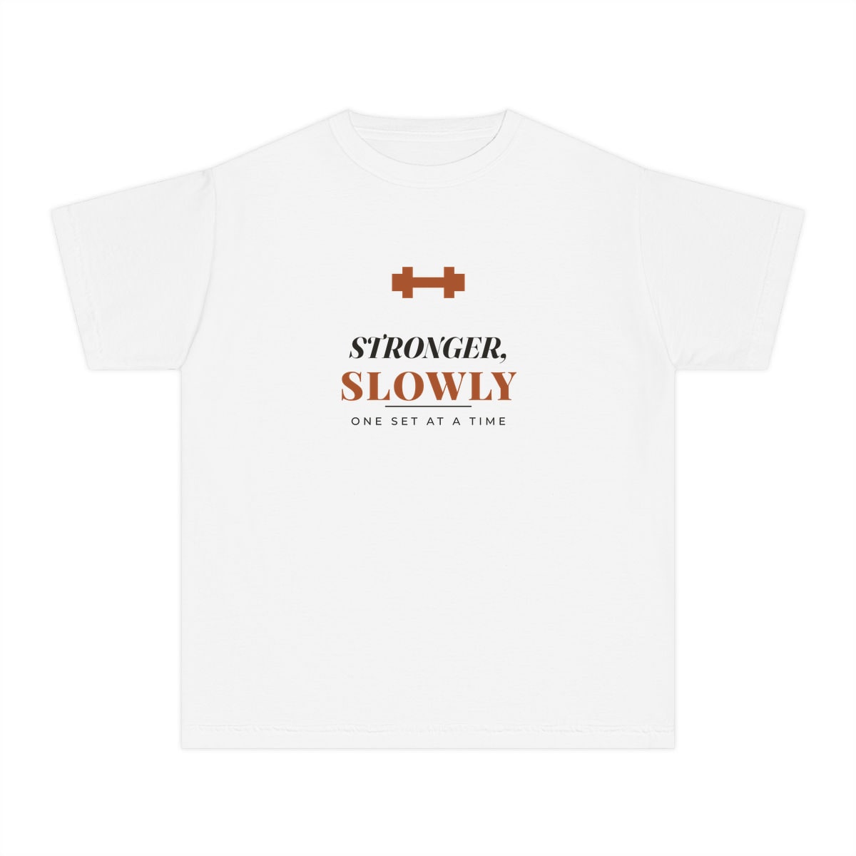 Stronger, Slowly, printed on a youth tee in White