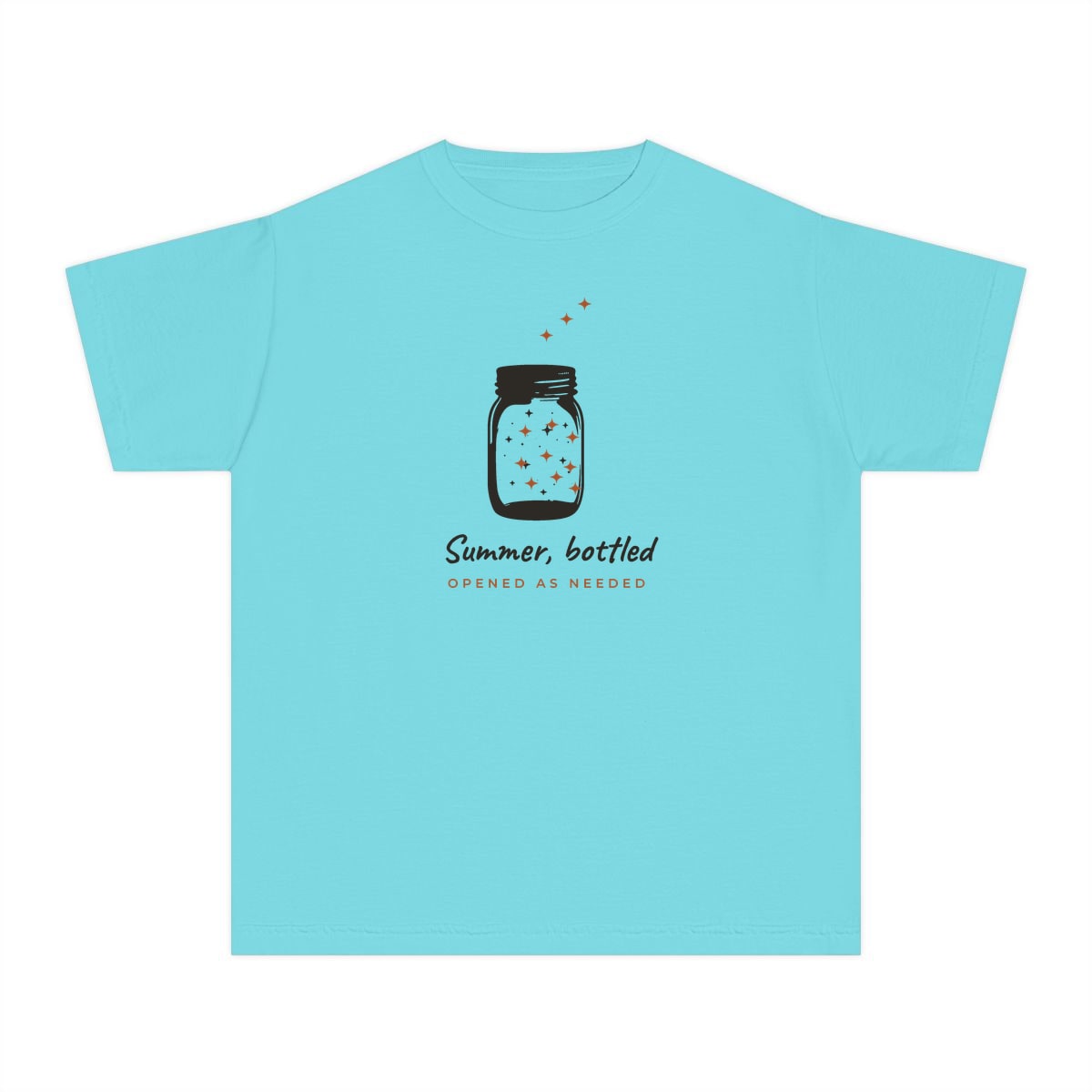 Summer, Bottled, printed on a youth tee in Lagoon Blue