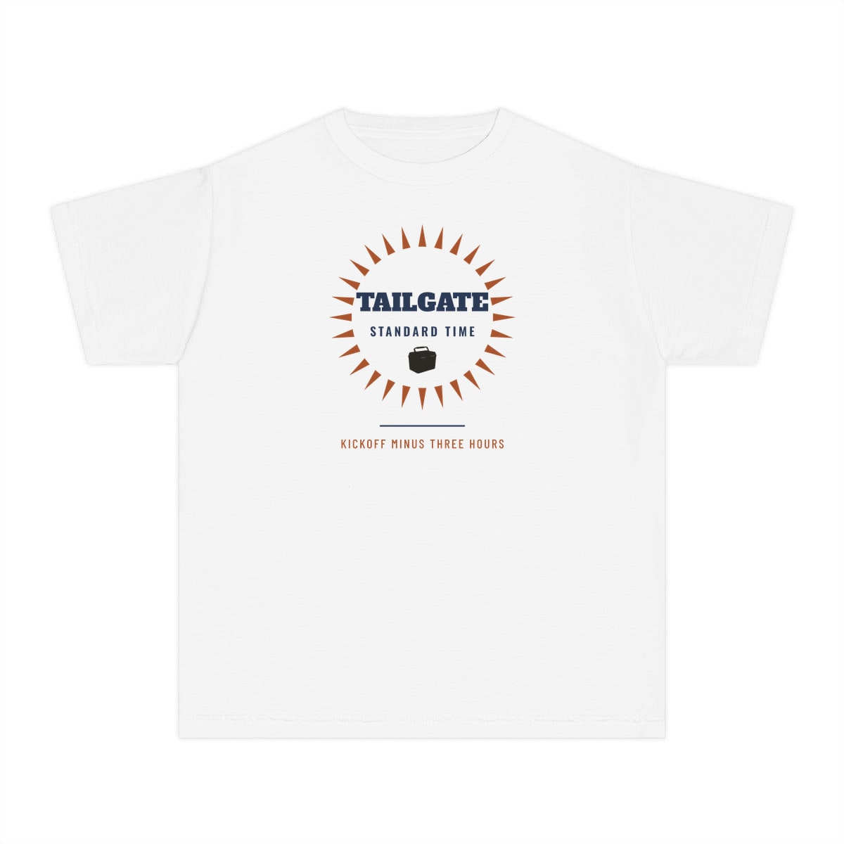 Tailgate Standard Time, printed on a youth tee in White