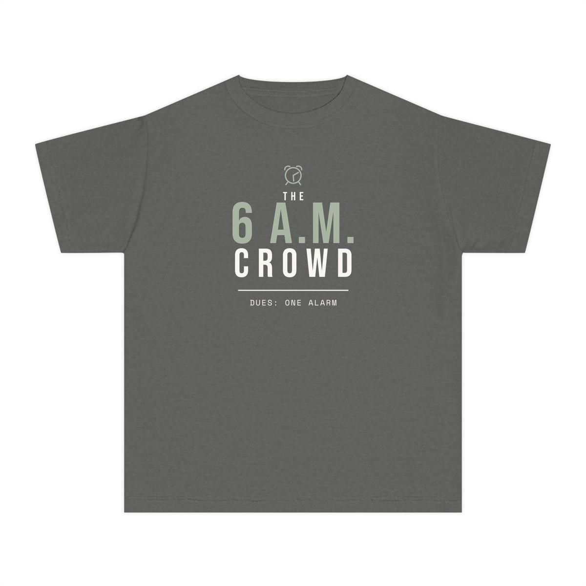 The 6 A.M. Crowd, printed on a youth tee in Pepper