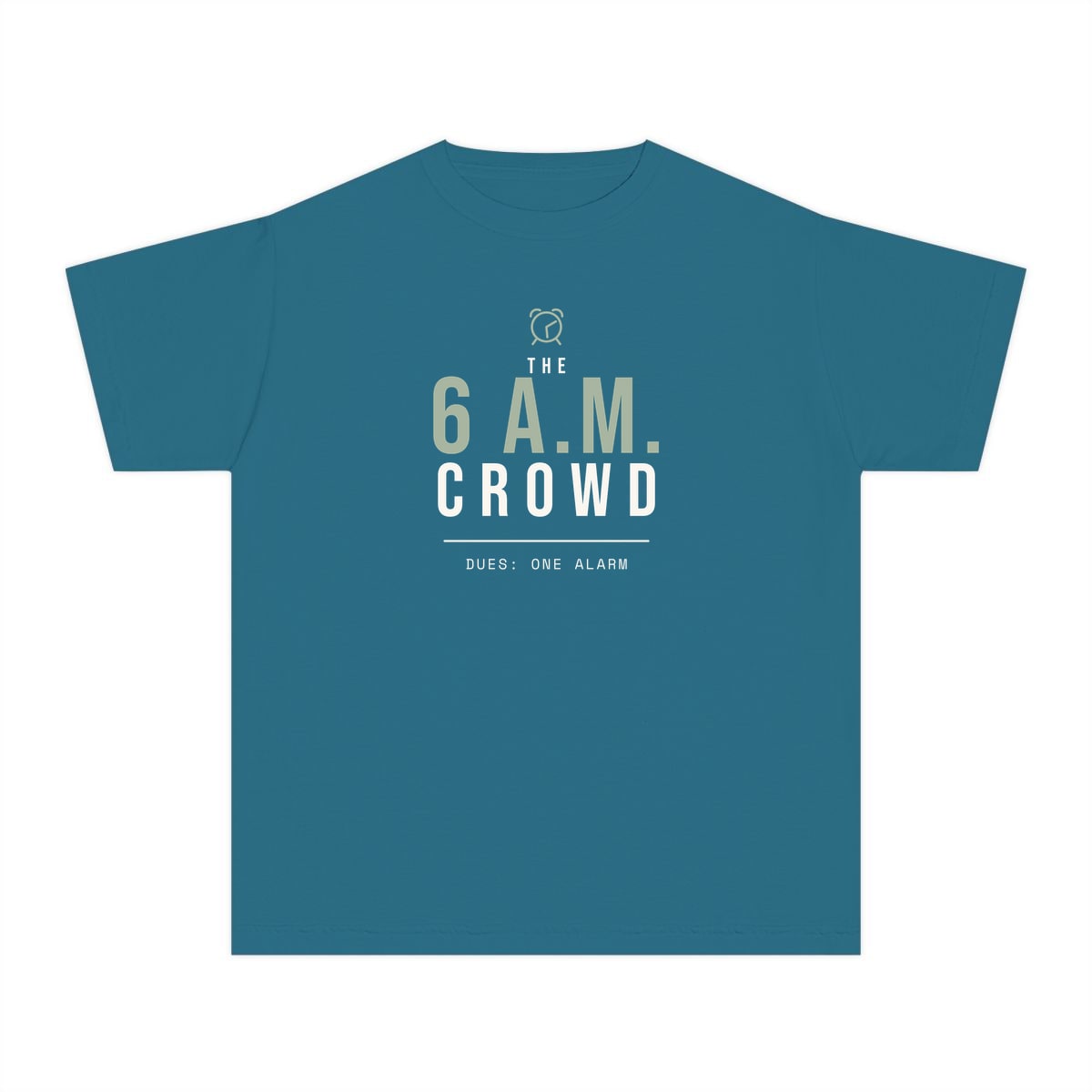 The 6 A.M. Crowd, printed on a youth tee in Topaz Blue