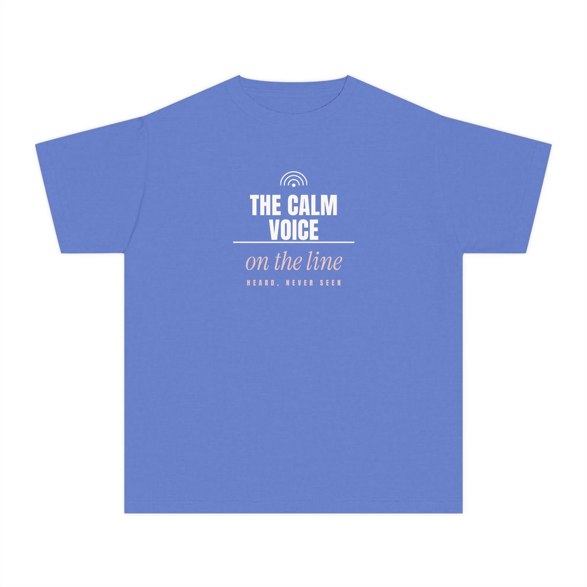 The Calm Voice On The Line, printed on a youth tee in Flo Blue