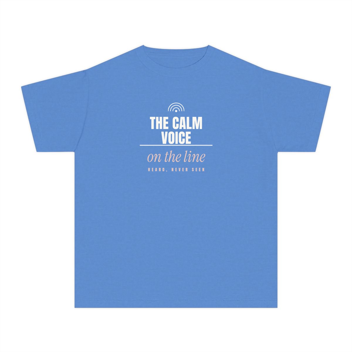 The Calm Voice On The Line, printed on a youth tee in Royal Caribe