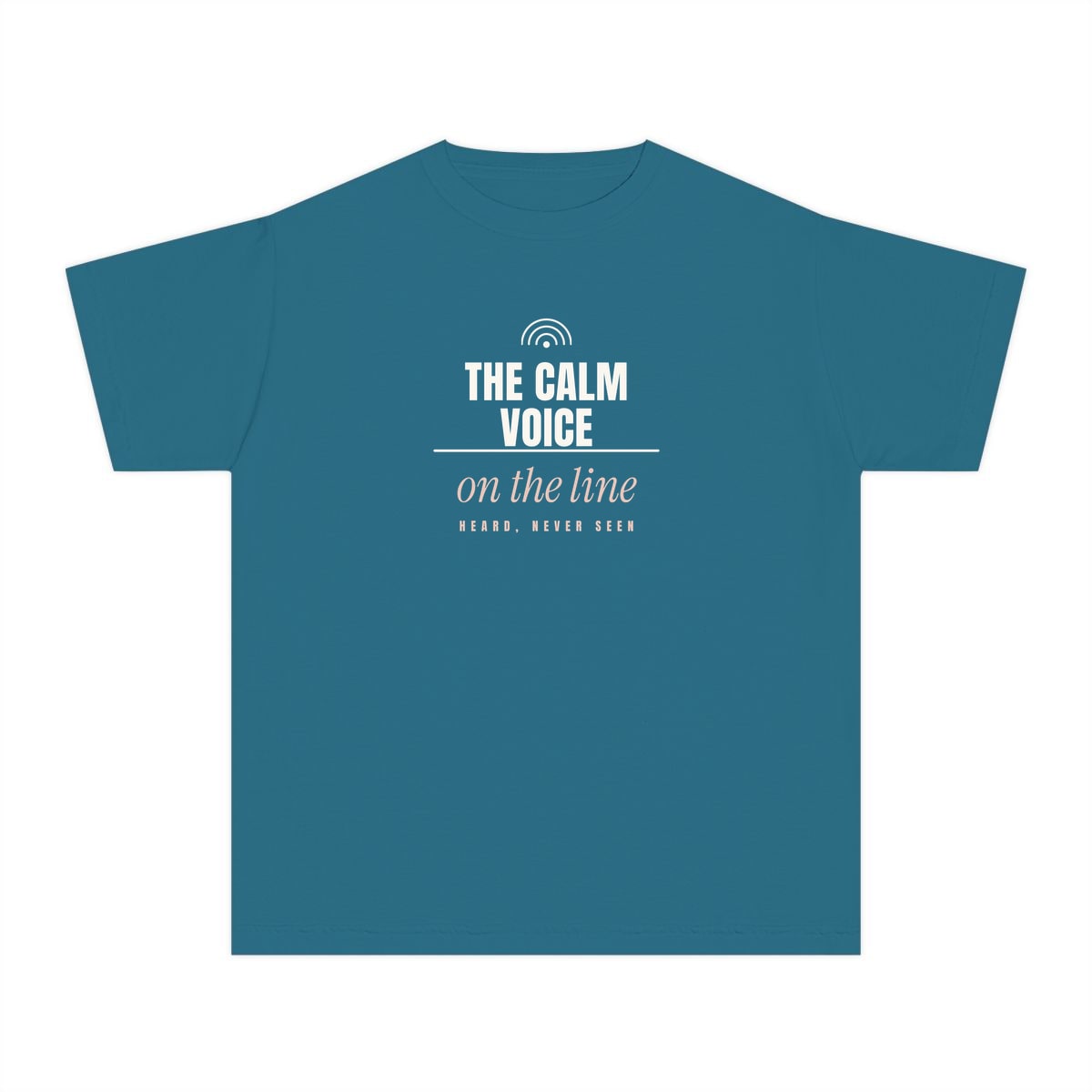 The Calm Voice On The Line, printed on a youth tee in Topaz Blue