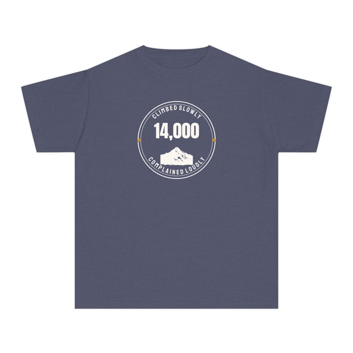 The Fourteener Club, printed on a youth tee in Denim