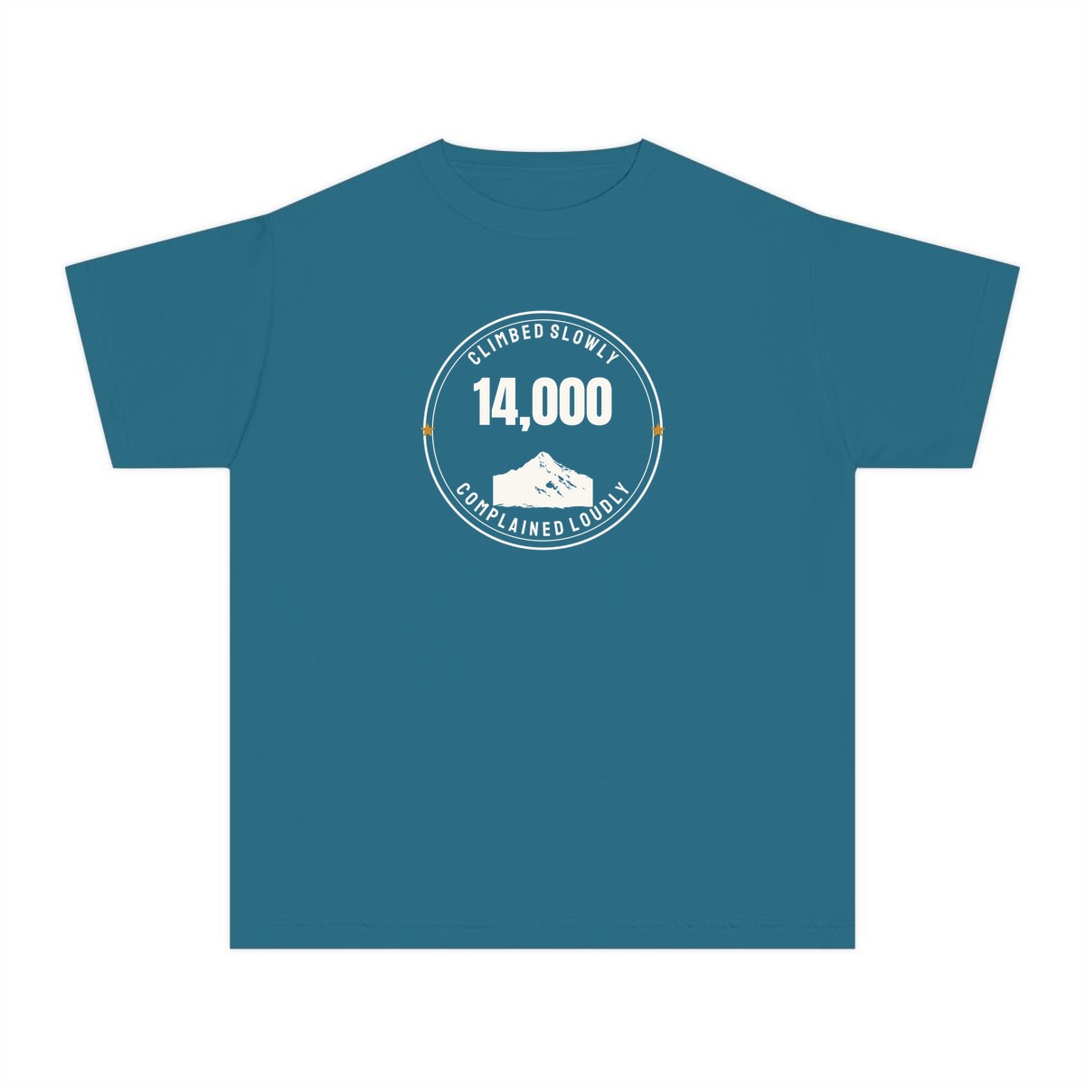 The Fourteener Club, printed on a youth tee in Topaz Blue