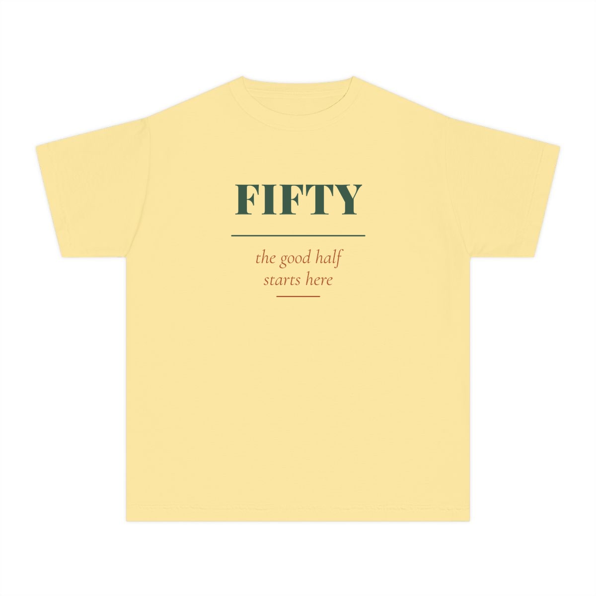 The Good Half, printed on a youth tee in Butter