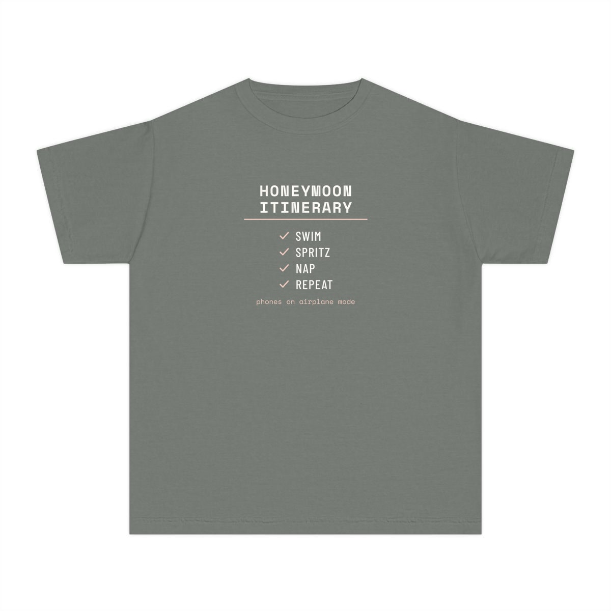 The Honeymoon Itinerary, printed on a youth tee in Grey