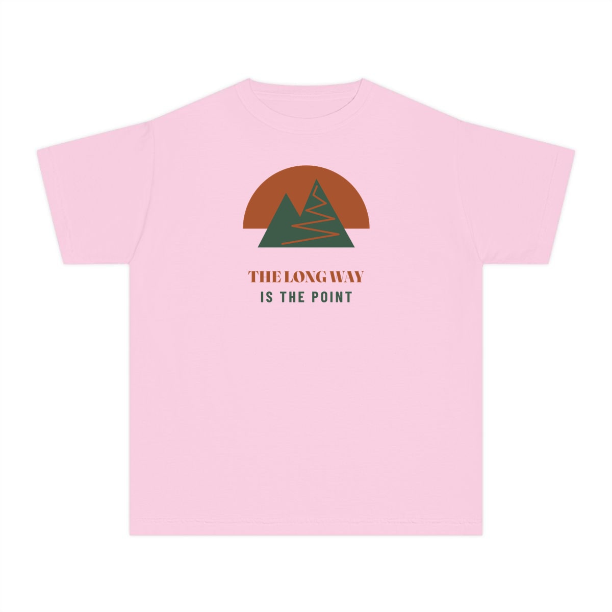 The Long Way Is The Point, printed on a youth tee in Blossom