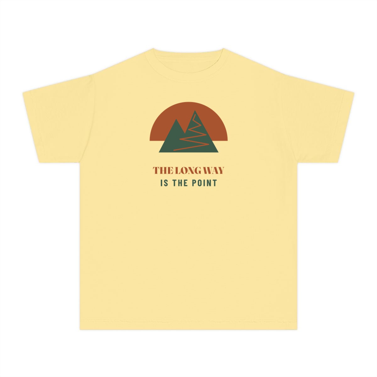 The Long Way Is The Point, printed on a youth tee in Butter