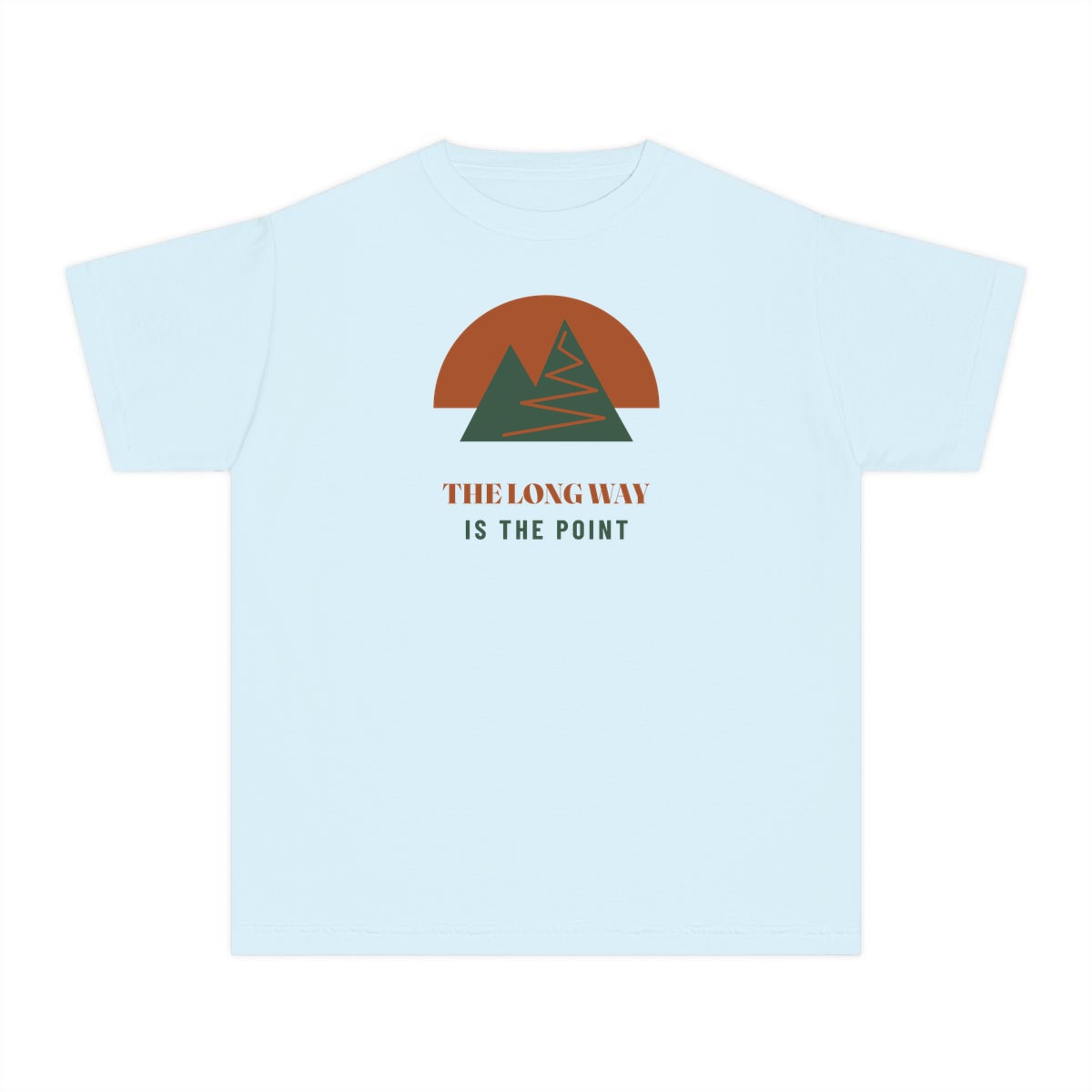 The Long Way Is The Point, printed on a youth tee in Chambray