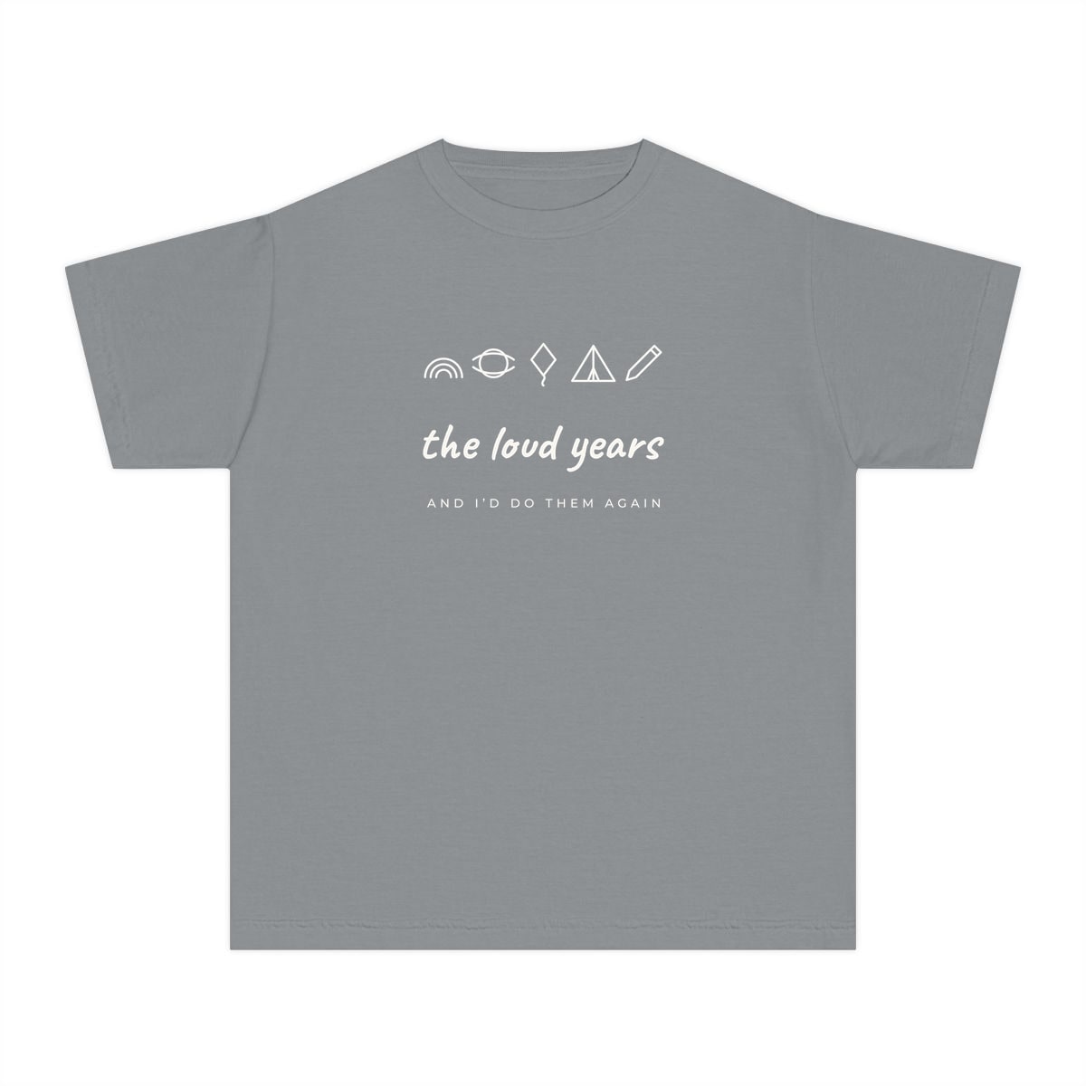 The Loud Years, printed on a youth tee in Granite
