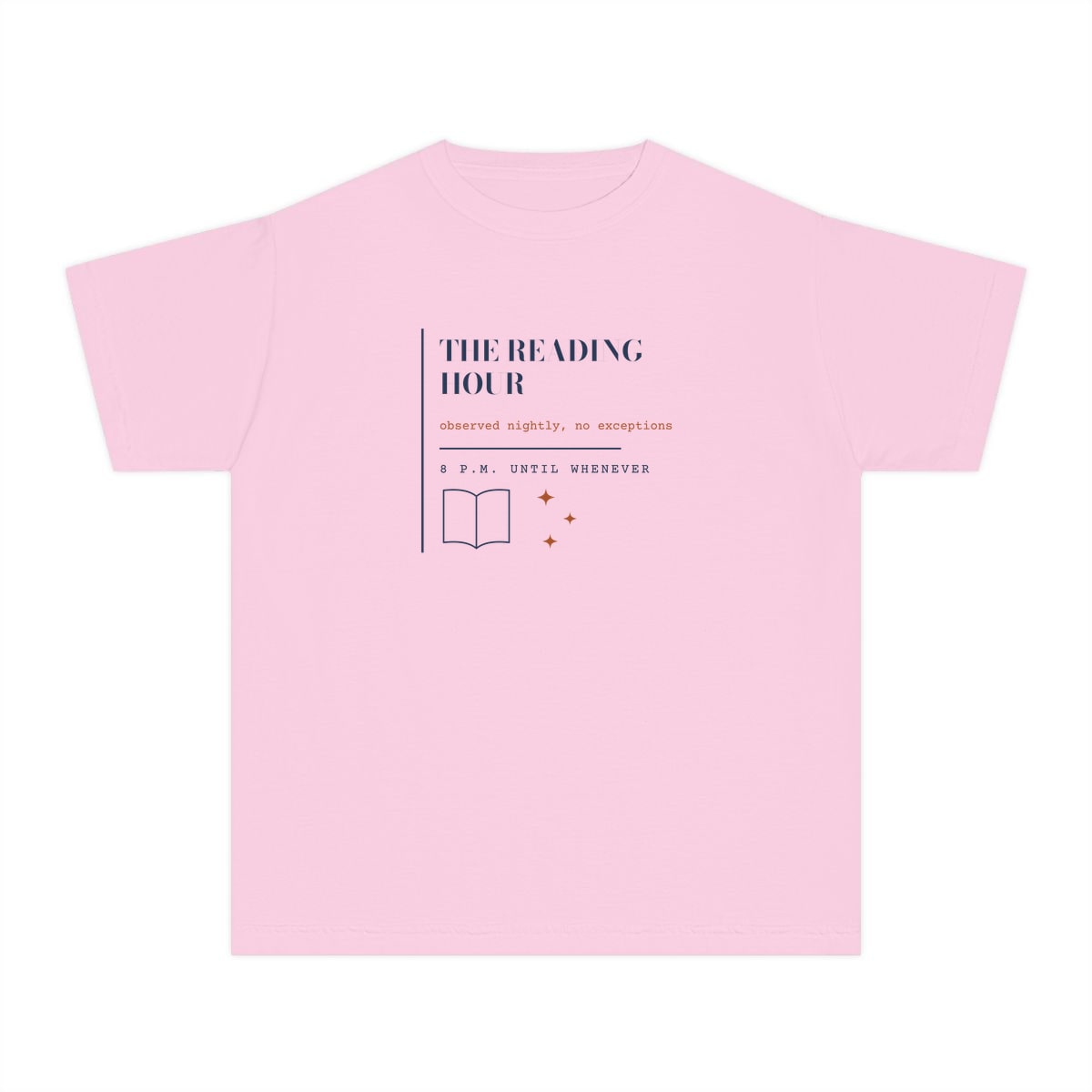 The Reading Hour, printed on a youth tee in Blossom