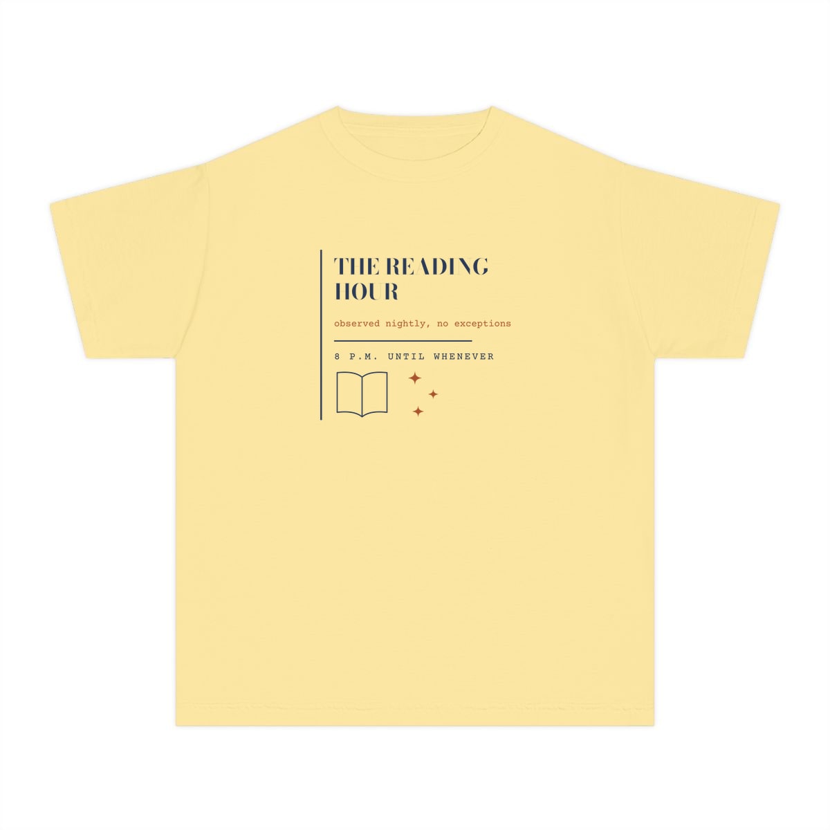 The Reading Hour, printed on a youth tee in Butter