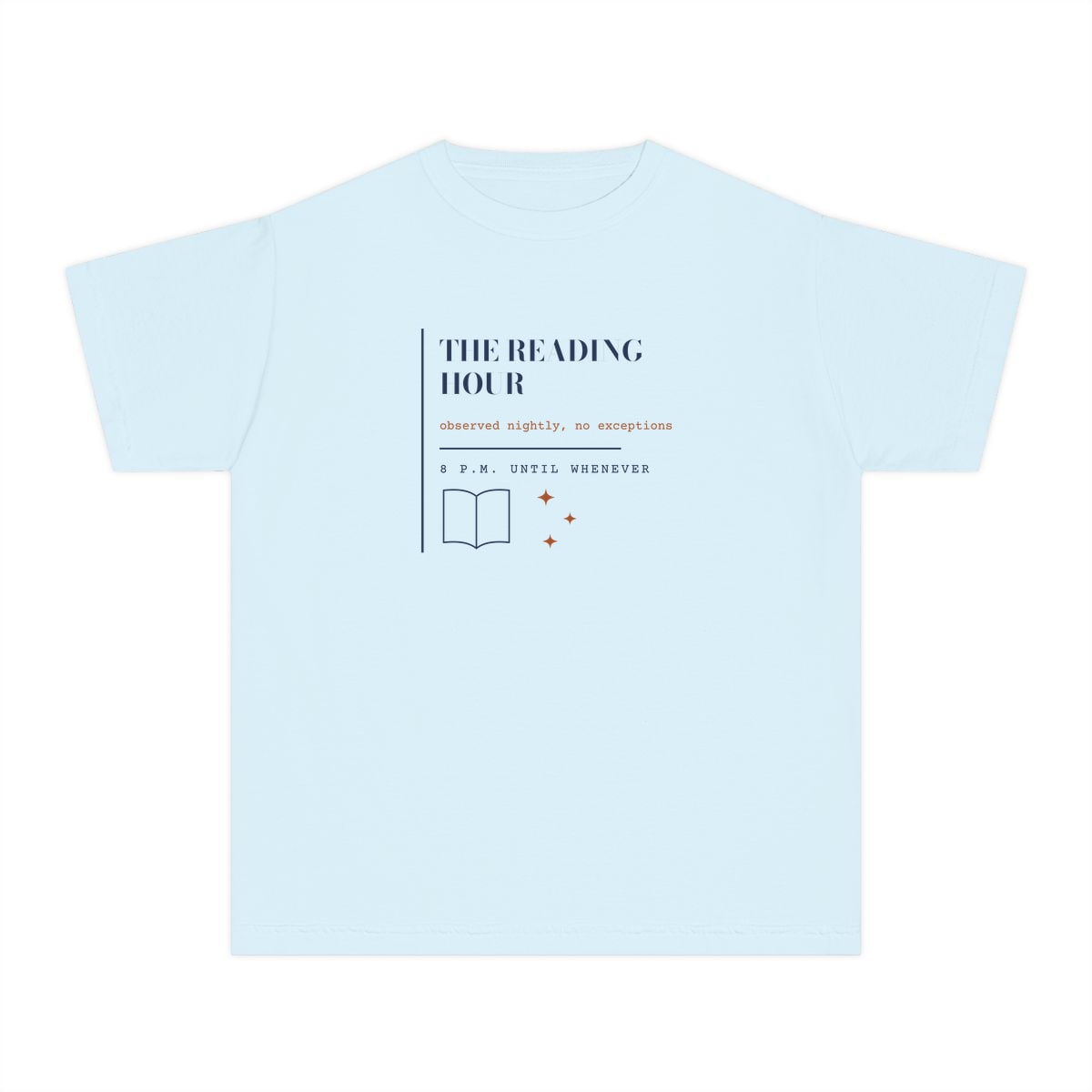 The Reading Hour, printed on a youth tee in Chambray