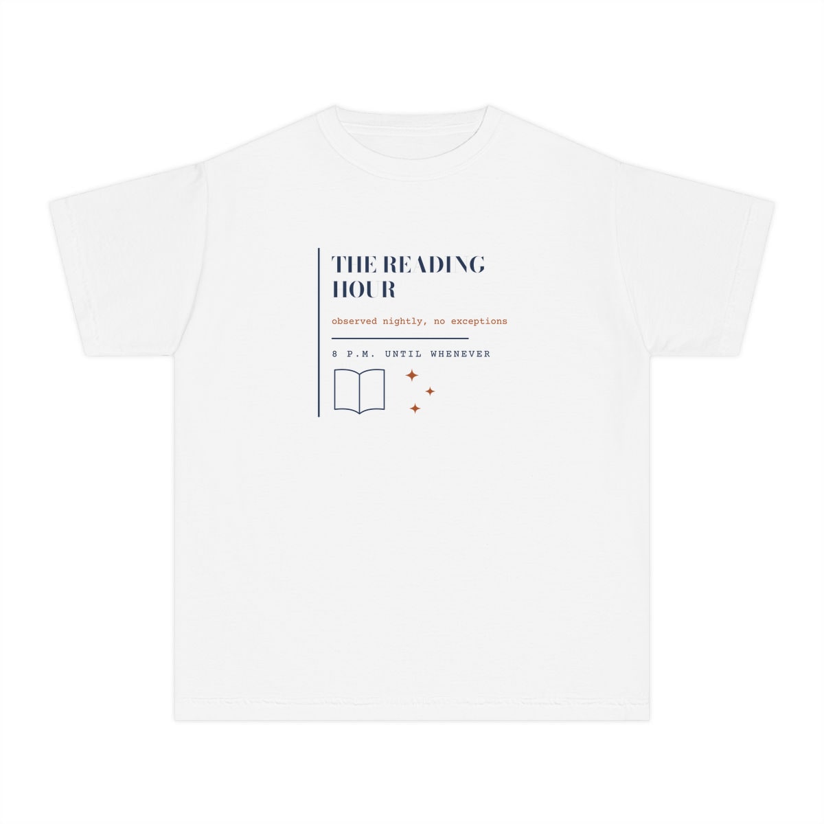 The Reading Hour, printed on a youth tee in White