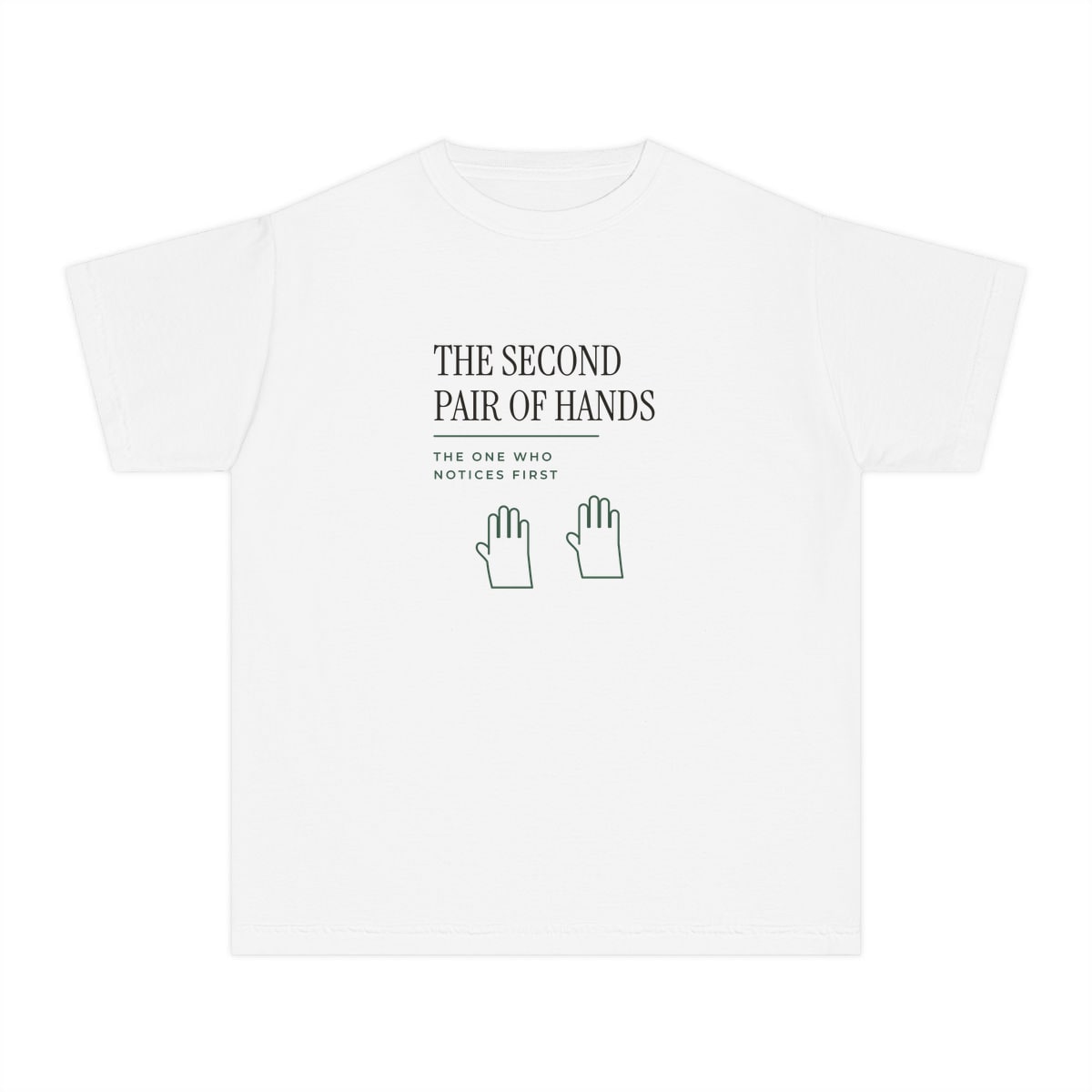 The Second Pair Of Hands, printed on a youth tee in White