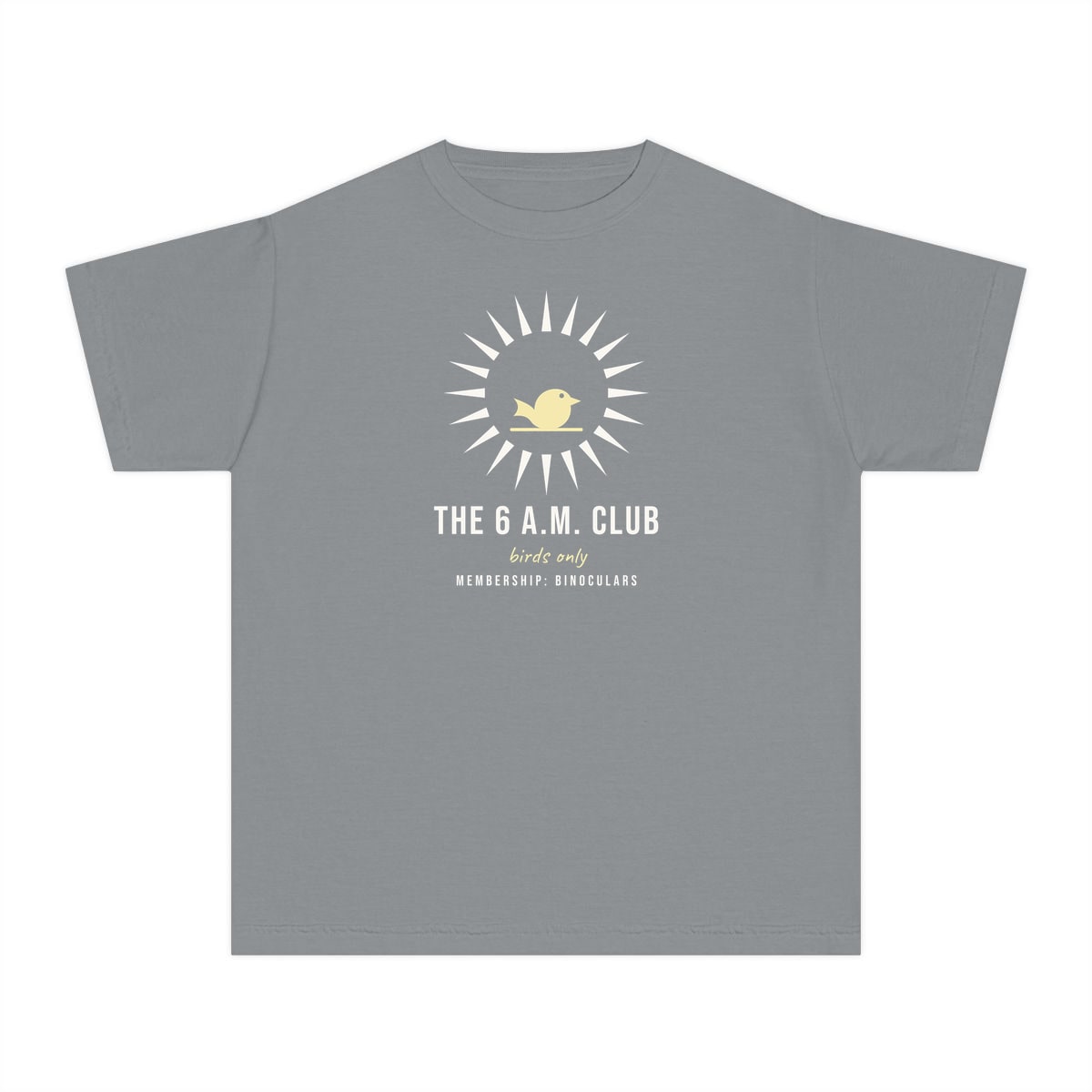The Six A.M. Club, printed on a youth tee in Granite