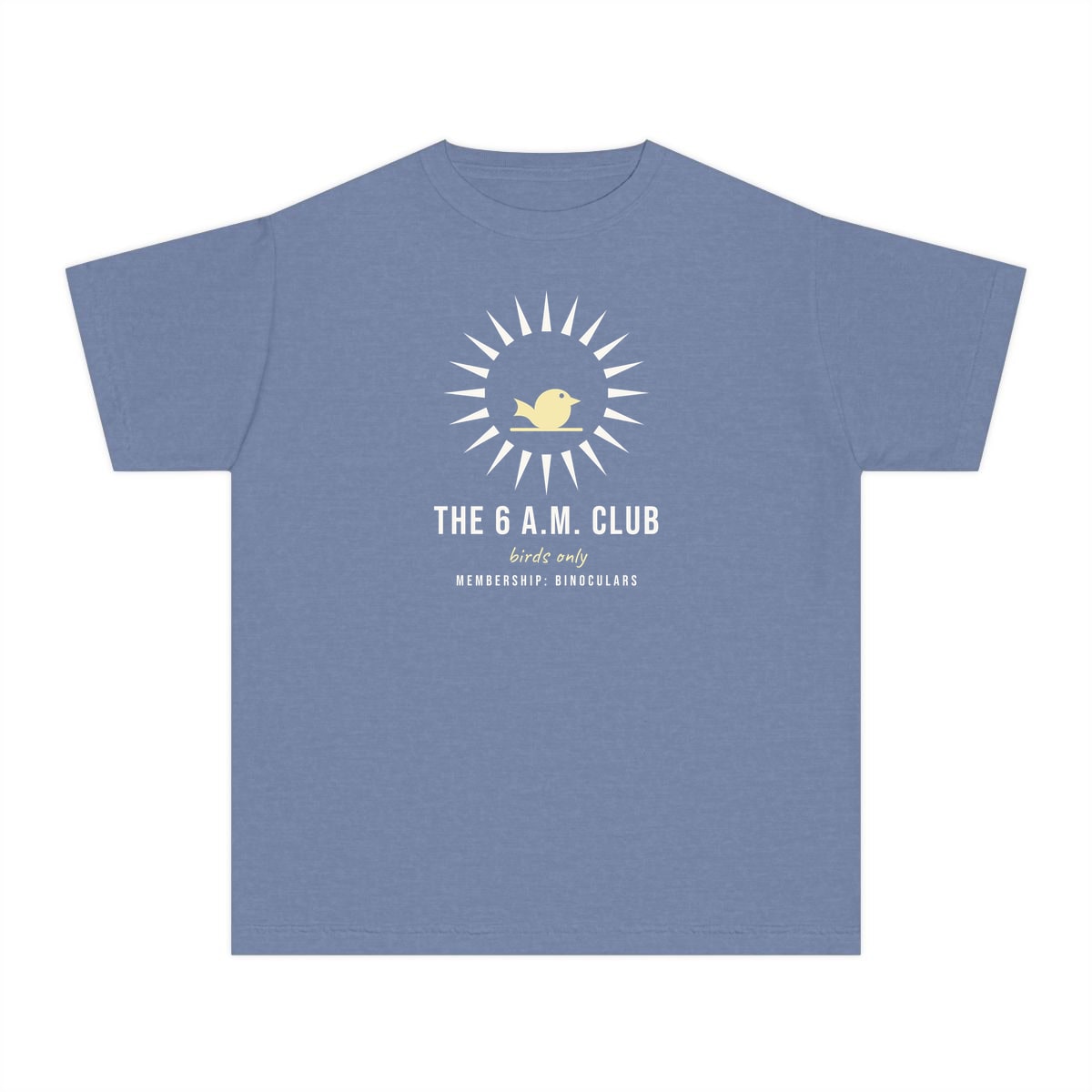 The Six A.M. Club, printed on a youth tee in Washed Denim