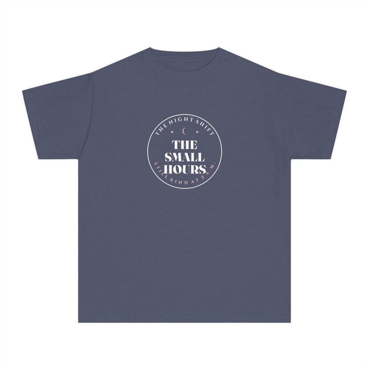 The Small Hours, printed on a youth tee in Denim